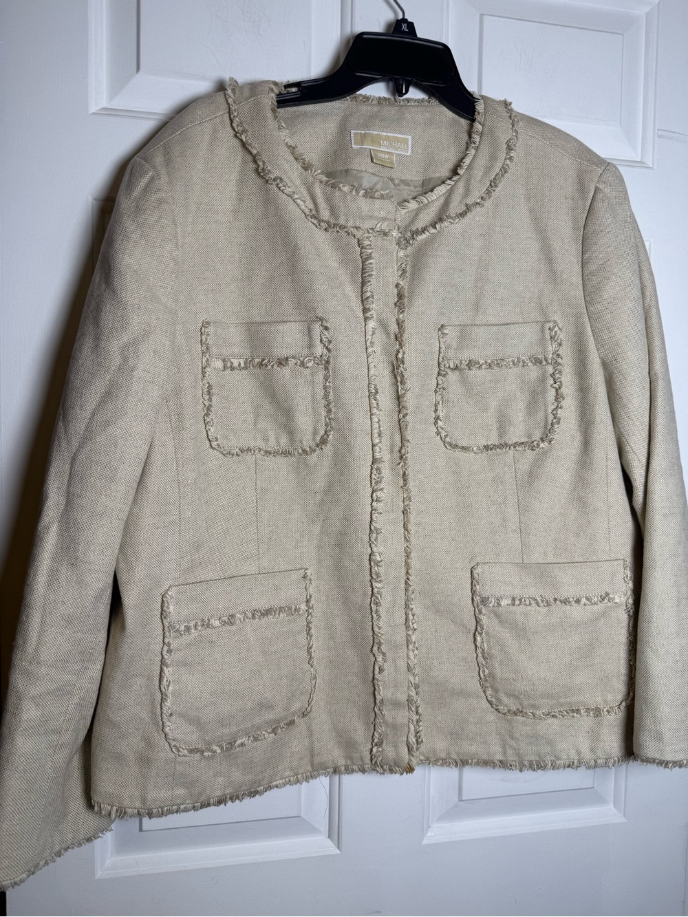 Michael Kors Beige Tweed Fringe Snap Front Blazer Jacket Pockets Lined 20W Linen